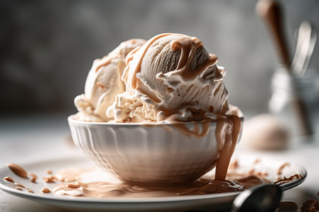 Delicious ice cream with caramel in bowl on table, closeupの素材