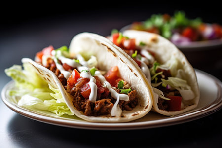 Mexican tacos with beef, tomato and lettuce on a black backgroundの素材