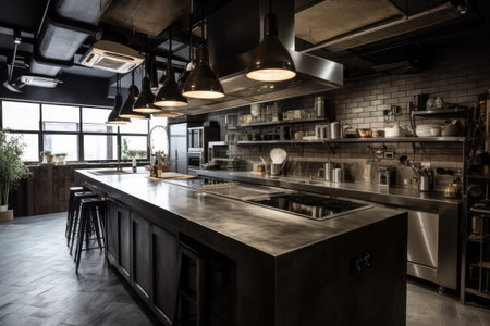 interior of modern kitchen in loft style with dark wood and black wallsの素材