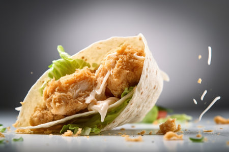 Tortilla wrap with chicken, lettuce and mayonnaise on grey backgroundの素材