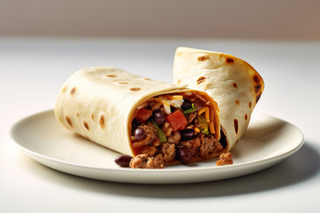 Mexican burrito with meat and vegetables on a white background.の素材