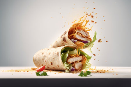 Delicious chicken kebab served on plate with flying ingredients. Fast food conceptの素材