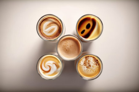 Coffee cups with latte art on white background, top viewの素材