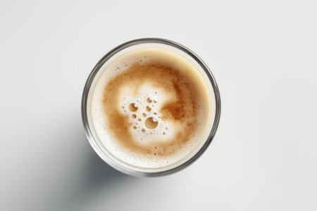 Top view of a glass of cappuccino on white backgroundの素材