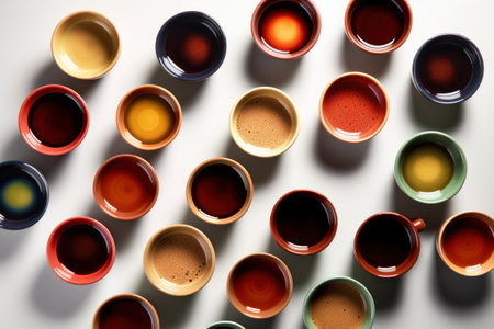 Coffee cups on a white background. View from above.の素材