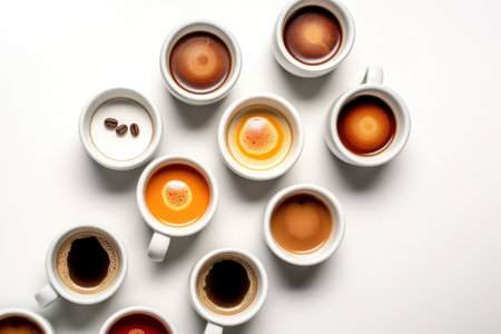 Coffee cups on a white background. View from above.の素材