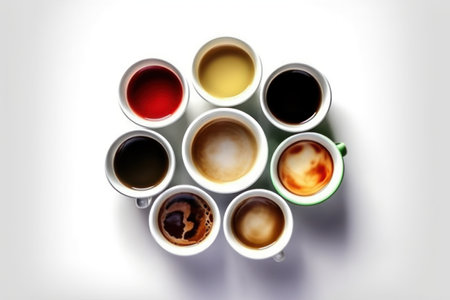 Coffee cups on white background, top view, copy spaceの素材