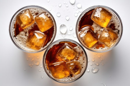 three glasses of cola with ice cubes on a white background, top viewの素材