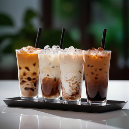 Iced coffee with ice cubes in a glass on white table.の素材