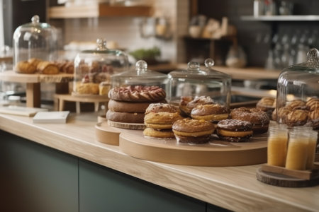 Group of assorted donuts on display in a bakery shop. Bakery and pastry concept.の素材