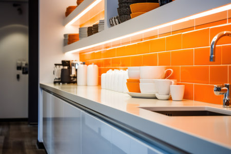 Modern kitchen interior with orange tiles and built in sink and cupboardの素材