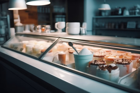 Coffee shop counter with different types of coffee and desserts.の素材