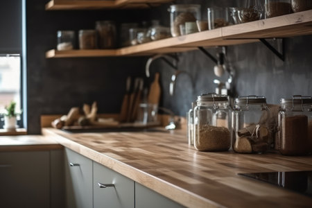 Empty glass jars on countertop in modern kitchen with wooden shelves.の素材