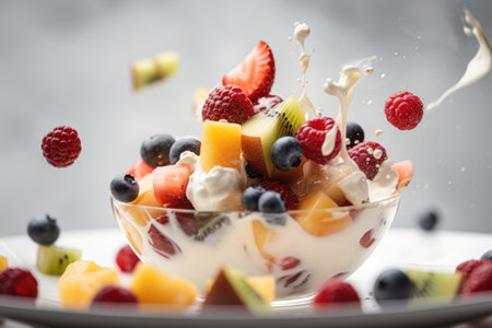 Fresh fruit salad with yogurt splashing on white plate, closeupの素材