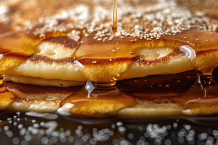 Pancakes with honey on a black background, close-upの素材