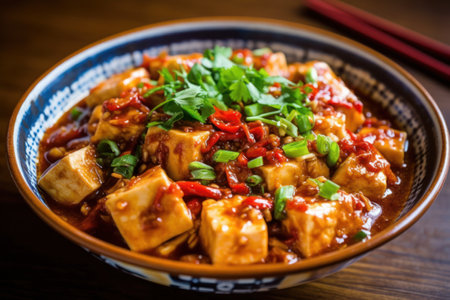 Tofu with soy sauce and chilli in a bowl on wooden tableの素材