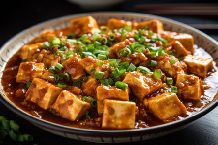 Tofu in sweet and sour sauce with green onions on black backgroundの素材