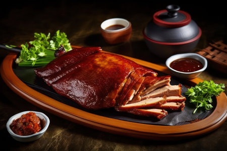 Smoked pork belly on a black plate with soy sauce and vegetablesの素材