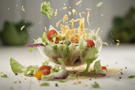 Fresh salad with cherry tomatoes, lettuce and cheese falling into glass bowlの素材