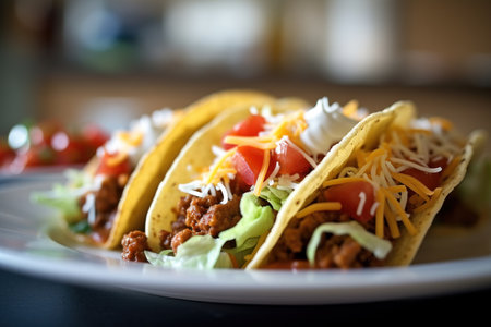 Mexican tacos with beef, cheese and vegetables on a white plateの素材
