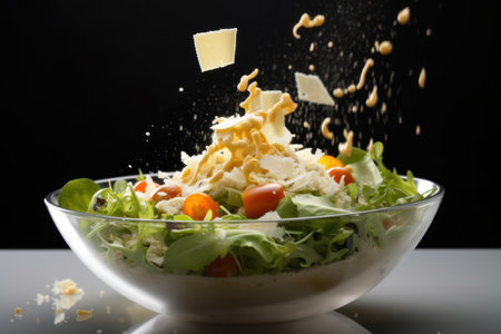 salad with cheese and vegetables in a glass bowl on a black backgroundの素材