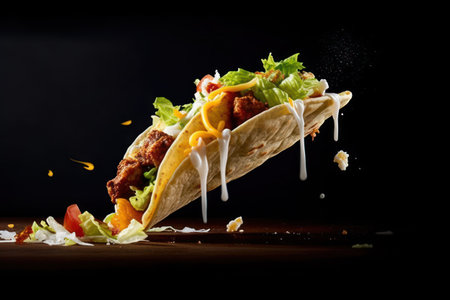 tacos with meat and vegetables on a black background. Mexican cuisineの素材