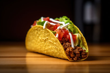 Taco with meat and vegetables on a wooden table. Toned.の素材