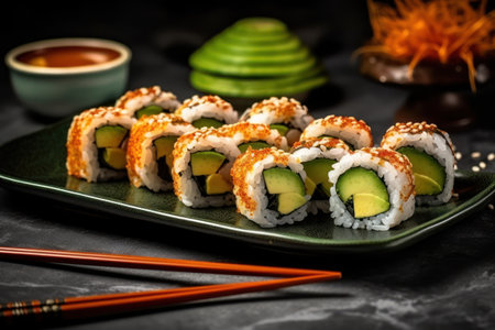 Sushi rolls with avocado and cucumber on a green plate.の素材