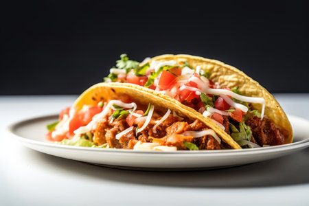 tacos with meat and vegetables on a white plate on a black backgroundの素材