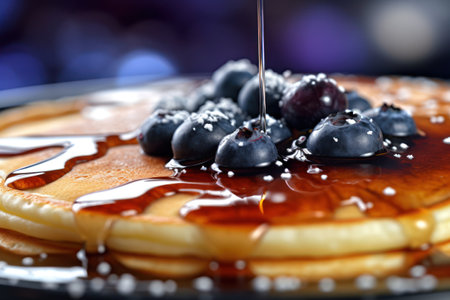 Pancakes with blueberries and maple syrup on a dark backgroundの素材