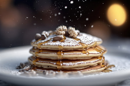 A stack of pancakes sprinkled with powdered sugar on a white plate.の素材