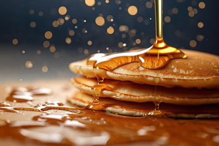 Pancakes with honey on a dark background, close-upの素材