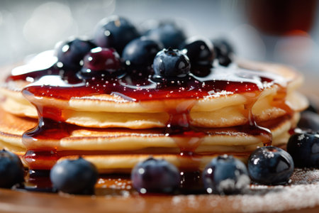 Stack of pancakes with blueberries and maple syrup. Shallow dof.の素材