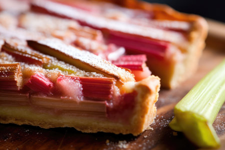 close up of a rhubarb tart on a rustic wooden boardの素材