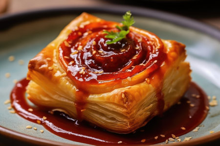 Delicious puff pastry with jam on plate close-up on wooden backgroundの素材