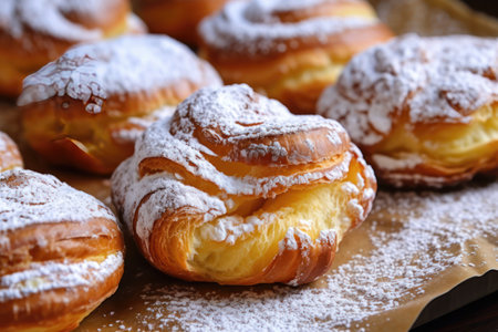 Sweet buns sprinkled with powdered sugar on a wooden table, closeupの素材