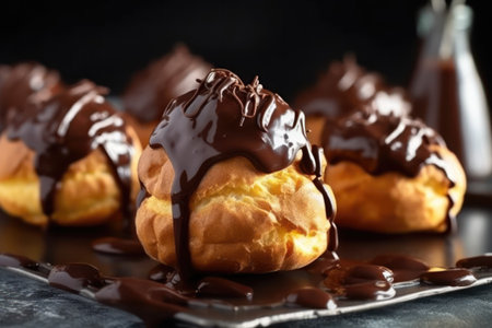 Delicious eclairs with chocolate sauce on table, closeupの素材