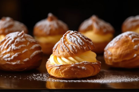 Cream puff eclairs on a dark background. Close upの素材