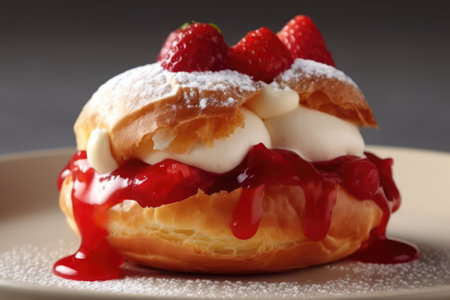 Strawberry eclairs with whipped cream and strawberry jam.の素材