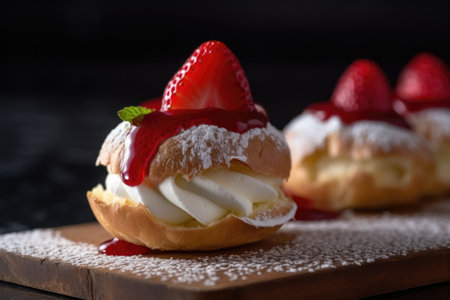 Cream puff with strawberry and whipped cream on a wooden board.の素材
