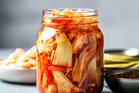 Kimchi in a glass jar on a wooden background. fermented foodの素材