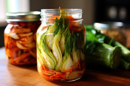 Pickled cabbage in glass jar on wooden table, closeup viewの素材