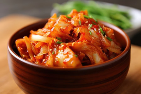 Kimchi in bowl on wooden table, closeup. Korean foodの素材