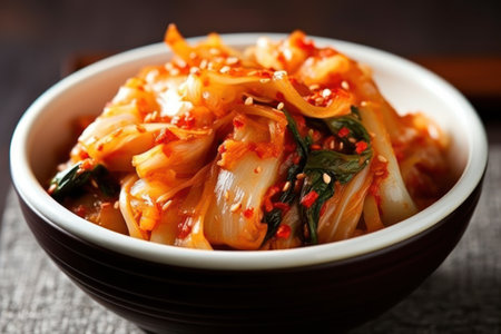 Kimchi, korean traditional food in a bowl on wooden backgroundの素材