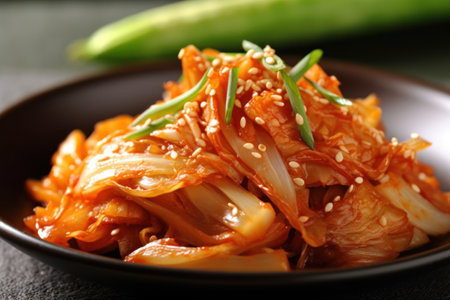 kimchi with sesame seeds on black plate, closeupの素材