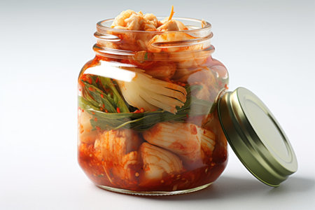 Korean Kimchi in a glass jar isolated on white background.の素材