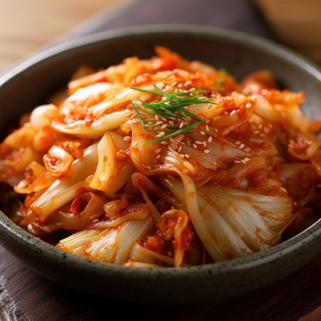 Kimchi cabbage in bowl on wooden table, korean food styleの素材