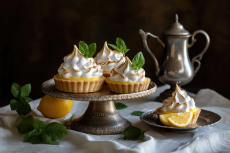 Lemon meringue tartlets with fresh mint leaves on vintage metal stand over dark wooden background.の素材