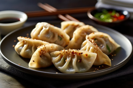 Gyoza dumplings with soy sauce and sesame seedsの素材