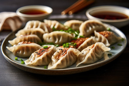 Traditional chinese dumplings with meat and vegetables on a plateの素材